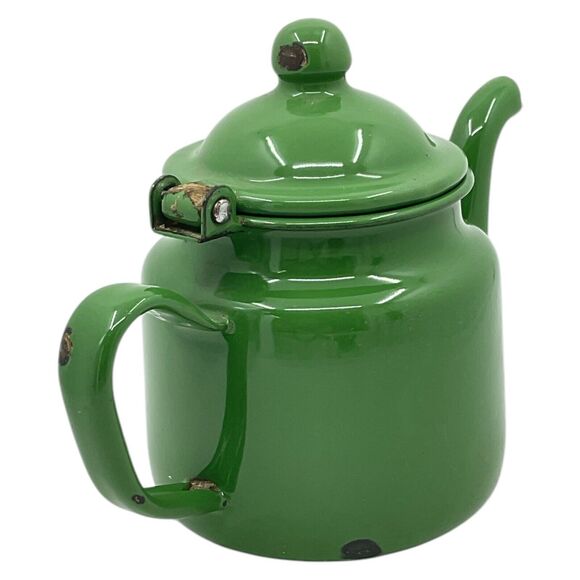 Vintage Avocado Green Enamelware Teapot Hinged Lid Rustic Farmhouse - Picture 5 of 9